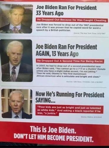 Meme Joe Biden ran for pres 33, 13 years ago.  First he was caught cheating so had to drop out. 13 yrs ago he dropped out for being racist. Don't let  him into the White House.