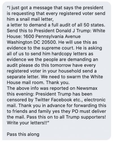 Meme Picture Pres Trump is asking every registered voter to send a physical letter asap to White House demanding audit of all 50 states.