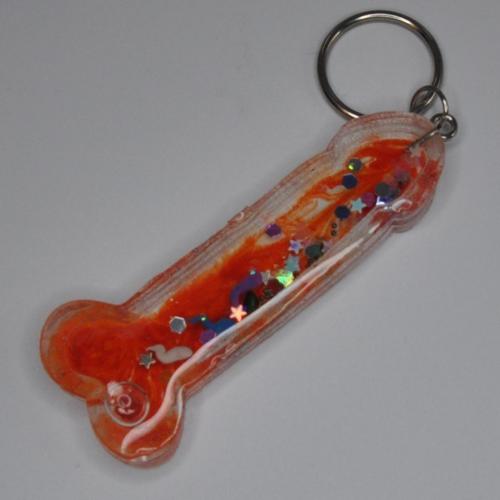 Penis Shaker Keychain Orange Swirls with White, Blue & Pink-Blue Mix Spermies