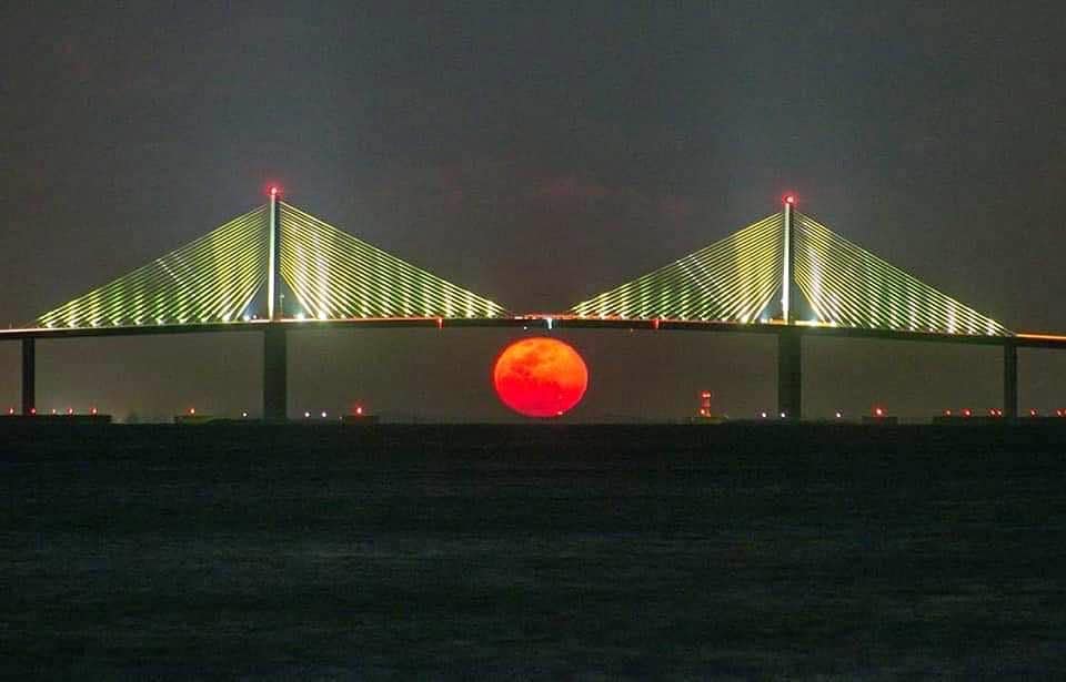 Skyway Bridge over Tampa Bay Blood Moon