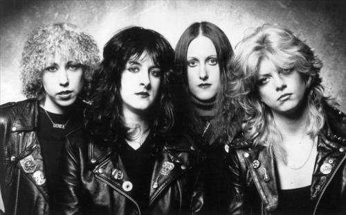 Girlschool (1980) 01 (N.W.o.B.H.M. band, GIRLSCHOOL, 1980 Demolition era. (from L to R) Denise Dufort (drums), Kim McAuliffe (guitars), Enid Williams (vocalsbass) and Kelly Johnson (R.I.P.) (vocalsguitars).