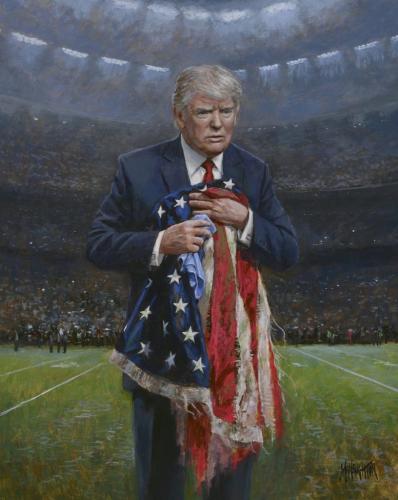 TRUMP HOLDING TATTERED US FLAG