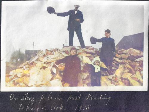 Edgar Jesse Stewart and others on stone pile West Reading - 1915_colorSAI_result