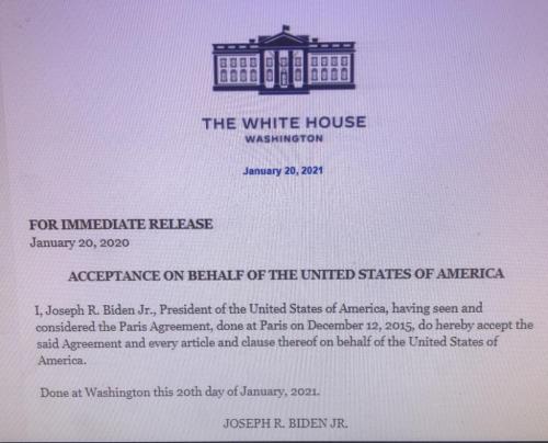 Ex. Order Re-entering the U.S. into the Paris Peace Accord