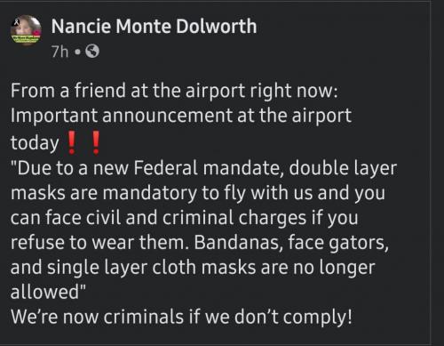 Airlines now are mandating double mask bandana as mask isn't any longer allowed
