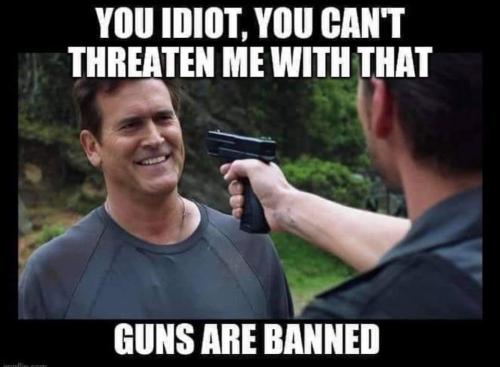 You Idiot! Guns are banned! - meme