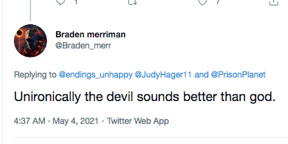 democrat religion @braden_merr unironically devil sounds better than god tweet