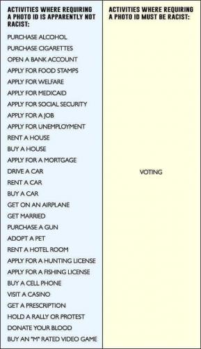 Meme Chart of activities where showing ID is not racist and other side of same chart showing that an ID just for voting is racist.   168013381_10222937492279147_6082467547575607315_n