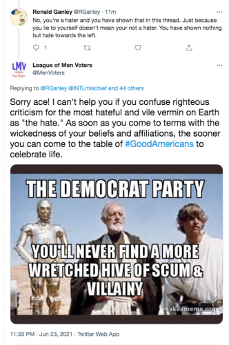 @RGAnley believes dislike of democrats is hate