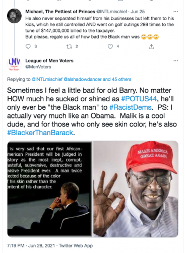 @INTLmischief Michael pettiest of princess racistdem blacker than barack black man president golf rant malik skin color