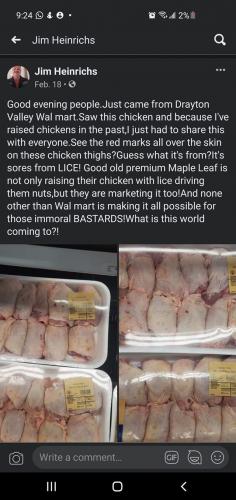 Meme Picture.  Pkgs of chicken w red spots on skin.  Means they had lice.  SHARE.  162163394_10100127243322433_3988523549469049752_o