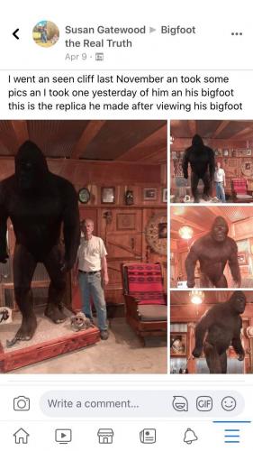 Picture Sasquatch statue made by a guy named Cliff who saw one close up.  4 pics here.