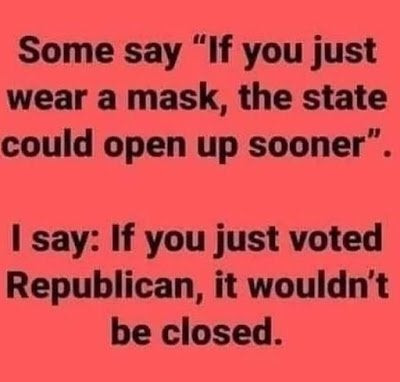 Meme If u wore a mask the country would open up sooner.  If you voted repub, it wouldnt be closed  unnamed