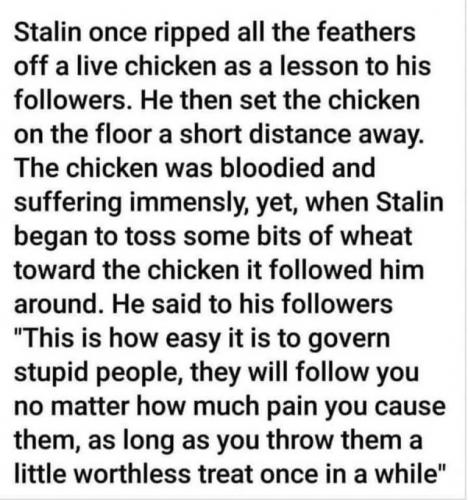 Meme Stalin rips feathers off chicken, tosses it some wheat and it follows him around. He says this is how easy it is to rule over stupid people.  Even if u cause them pain, if u give treats they will follow.