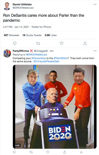 @DWUhlfelder Daniel dem lawyer compares Parler to Pandemic both from china punchline Screen Shot 2021-01-14 at 10.26.04 PM