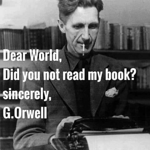 Meme Picture Dear World, did you not read my book.....sincerely G. Orwell.  139384572_514855536150354_1494684039414342016_n