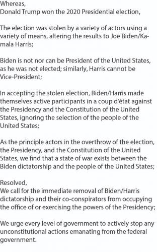 republican resolution whereas donald trump won by a landslide biden harris seized the  Presidency and overthrew the constitution a state of war exists remove biden harris