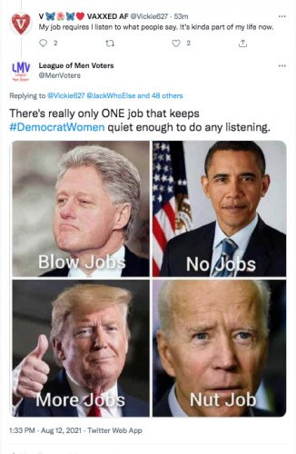 @vickie627 vaxxed AF job requires listen only one job democrat women quiet enough to do any listening blowjob joke punchline