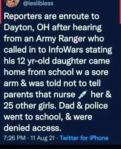 dayton oh army ranger called infowars 12 year old daughter sore arm told not to tell parents nurse shot vaccine covid jab with 25 girls police and dad denied access