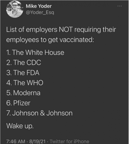 list of employers not requiring employees vaccinated white house cdc fda who moderna phizer johnson johnson wake up @Yoder_ESQ