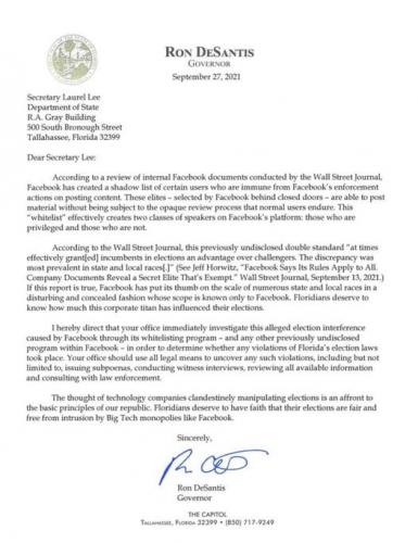 RON DESANTIS TO INVESTIGATE FACEBOOK