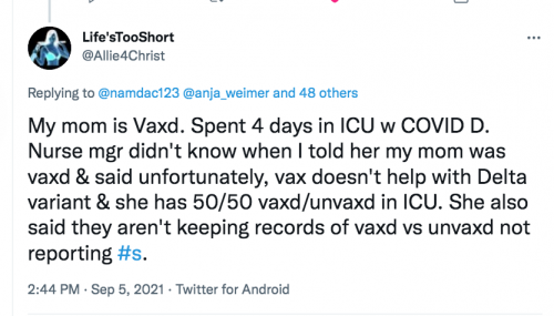 1st hand accounts experience mom vaxxed 4 days in ICU COVID D nurse said does not help delta 50 50 in ICU not keeping records