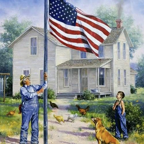Norman Rockwell - Grandpa and grandson with flag
