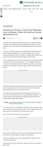 Mother Dies of Vaccine-Induced Blood Clot, Obituary Gets 'Misleading' Label When Posted Twitter...