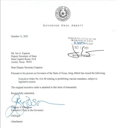 2021-10-12_22-08-07 TX Governor Greg Abbot Executive Order No GA-40 relating to prohibiting vaccine mandate