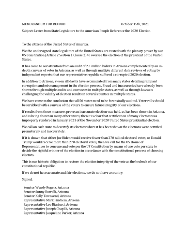 Letter From State Legislatures Concerning the 2020 Election