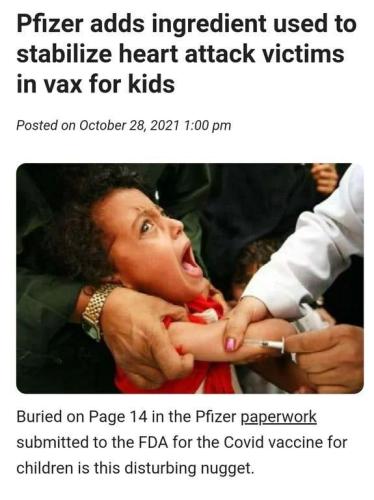 Pfizer adds ingredient used to stablizie heart attack victims in vax for kids