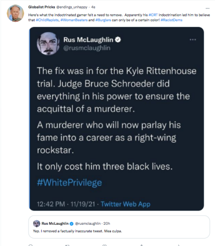 @rusmclaughlin misinformation kyle deleted tweet three black lives racistdems murder parlay fame right wing lie crt