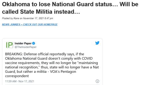 Oklahoma to lose National Guard status… Will be called State Militia instead… – CITIZEN FREE PRESS