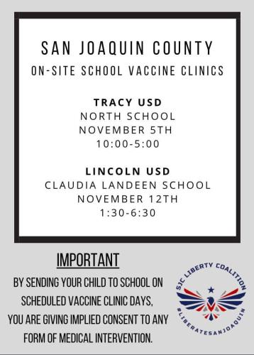 San Joaquin County - On site Vaccination Clinic Schedule Nov 5 and Nov 12