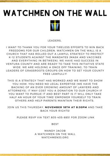 CA - Watchman on the Wall -Nov 18 - Zoom - Strategy to Protect K-12 Students from Masks and Jab