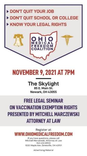 Newark, Ohio - Nov 9 - Free legal seminar on vaccine exemption rights.