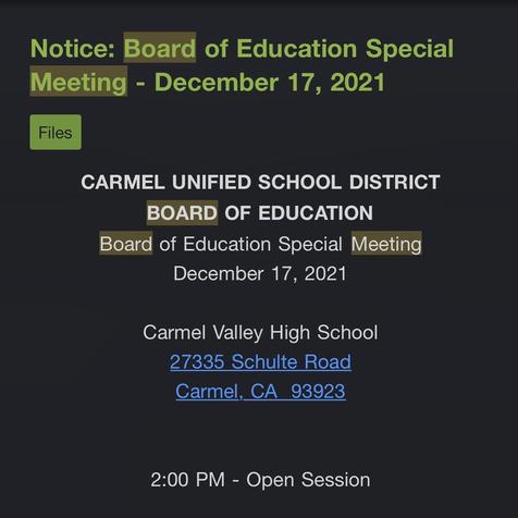 Carmel, CA - Dec 17 - School Board Meeting - Mask Mandate