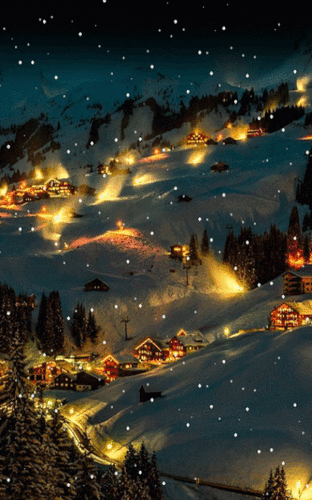 ! Snowy village with lights