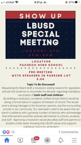 Los Banos, CA - Jan 6, 2022 - School Board Meetins - Stand Up To Mandatory Vaccination