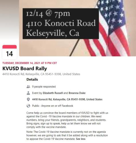 Kelseyville, CA - Dec 14 - Rally Against Mandates  at School Board Meeting