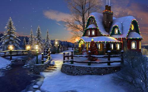 ! Colorful gingerbread type winter home with tree