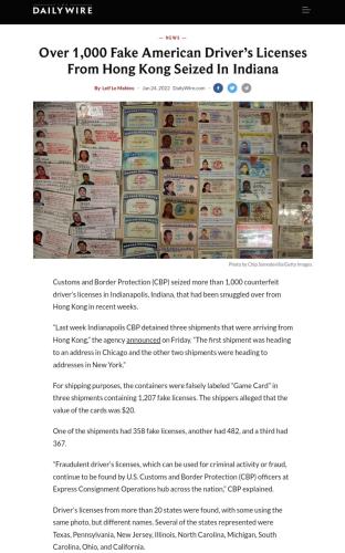 Fake driver's licenses bring shipped from Hongkong yo U.S.