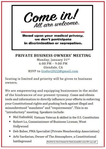 Glendale, CA - Jan 31, 2022 - Private Business Owners Meeting Against Mandates
