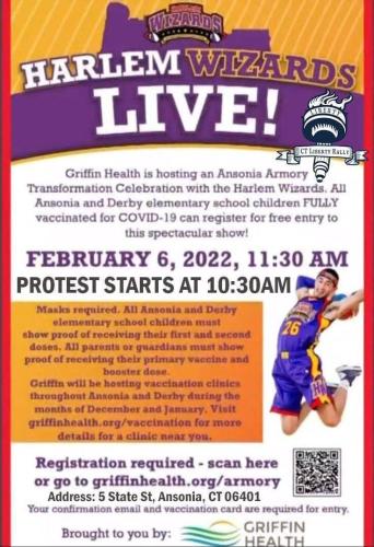 Asonia, Connecticut - Feb 6, 2022 - Protest Harlem Wizard Vaccinated Student Requirement