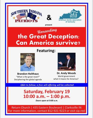 Clarksville, Indiana - Feb 19, 2022 - Unraveling the Great Deception