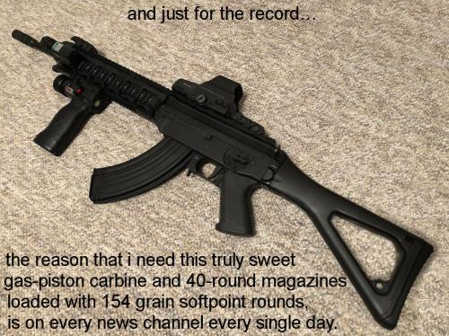 the reason that i need this truly sweet gaspiston carbine and 40round magazines loaded with 154 grain soft point rounds is on every news channel every single day