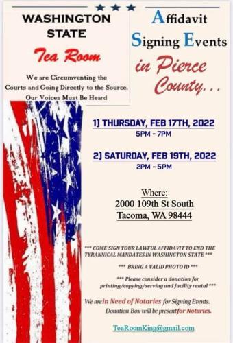 Tacoma, Washington - Feb 17 and 19, 2022 - Affidavit Signing Event