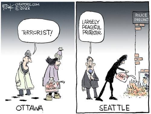 Terrorist Ottawa vs Largely Peaceful Protestor Seattle Chip Bok 2022