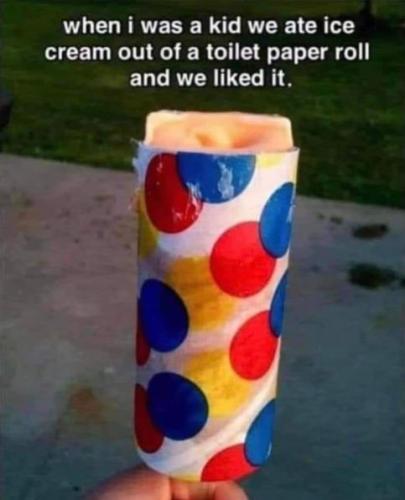 when i was a kid we ate ice cream out of a toilet paper roll and we liked it