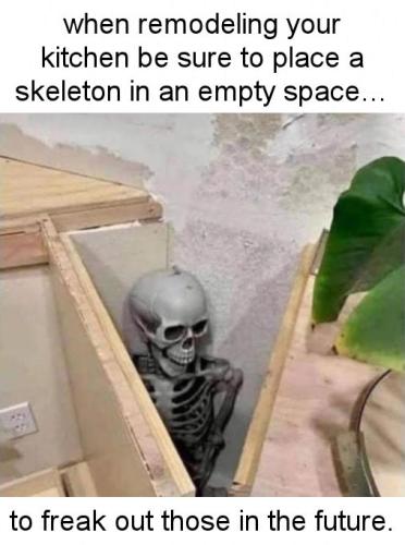 when remodeling your kitchen be sure to place a skeleton in an empty space